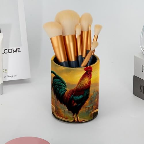 Faux Leather Pen Holder for Desk, Pencil Organizer Rooster Pen Cup Desk Decor Makeup Brush Holder Storage for Office Home
