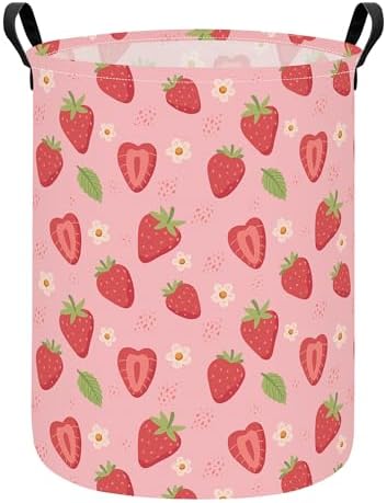 Round Laundry Basket Collapsible Storage Hamper Flower Strawberry | Waterproof Canvas Foldable Baskets with sturdy Handles Multi-scene Organizer for Home Play Bedroom Gift Bin
