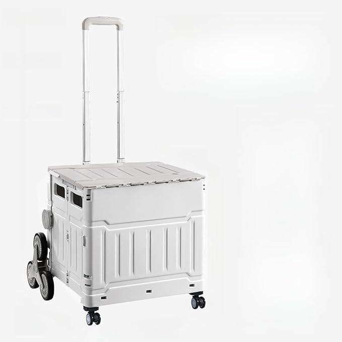 Collapsible Shopping Box Trolley on Wheels with Lid,75L Large Capacity Folding Portable Rolling Crate Handcart with Telescopic Handle for Camping (Grey,Eight Wheel Large)
