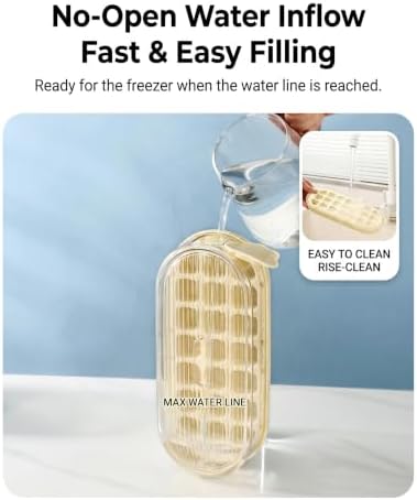Press Ice Cube Tray with Lid Easy Release Mold Box Fill | PP+TPE+PET, 9.4 x 4.1 x 2.6 In, Ice Maker Stackable Odorless Storage Bin for Cocktail Whiskey Mint , Sweet Yellow