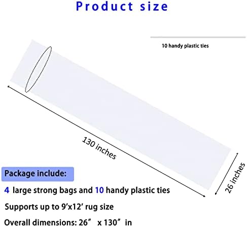 4 Pcs Large Plastic Rug Storage Bag with 10 Ties,4.5Mil Heavy Duty Fits Rug up to 9'x12'，Perfect for Moving, Packing and Shipping Rolled Carpet