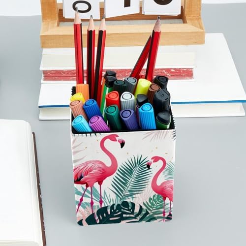 Flamingo and Palm Leaves Pen Holder for Desk Decor, Rectangular PVC Leather Pencil Cup for Desk Pen Organizer, Makeup Brush Holder for School, Home, Office