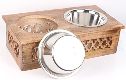 Wooden Elevated Pet Feeder Station with 2 Stainless Steel Bowls | Raised Dog & Cat Feeding Stand | Food & Water Bowl Holder for Cats, Puppies | Wooden Pet Dining Table | 16 x 8.5 x 5 Inches
