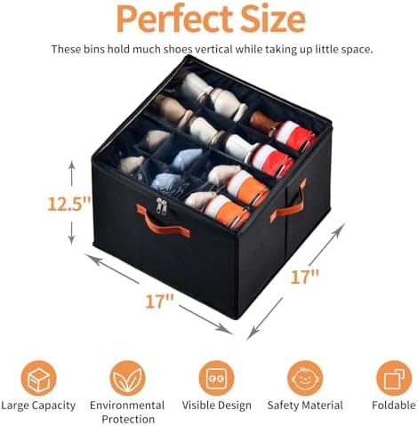 INSTY 2 Pack Shoe Organizer for Closet, Fits up to 32 Pairs, Adjustable Dividers for Shoe Storage, Fabric Shoe Storage Bins with Clear Cover, Black