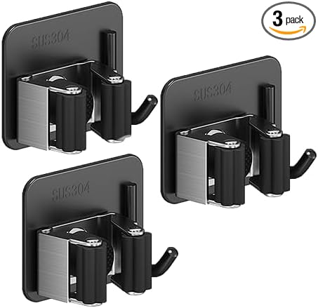 Broom Holder Wall Mount,Mop and Broom Holder Wall Mount Command | 3pcs Garden Tool Organizer,304 Stainless (Black)