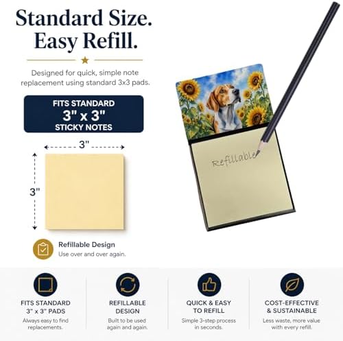 Caroline's Treasures English Foxhound in Sunflowers Watercolor Sticky Note Holder Refillable Dispenser Desk Accessory 3x3 Pad Gift