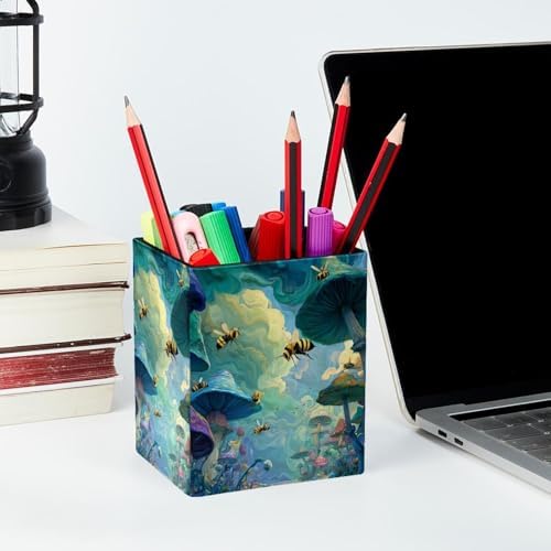 Bee Pen Holder for Desk Decor, Rectangular PVC Leather Pencil Cup for Desk Pen Organizer, Makeup Brush Holder for School, Home, Office