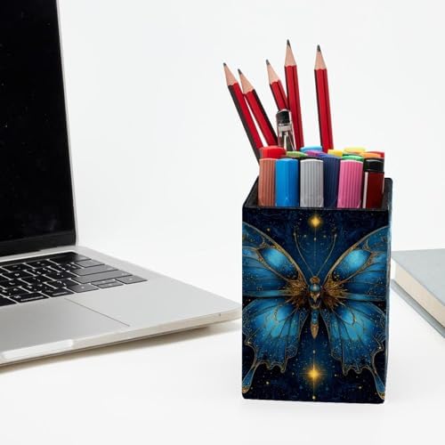 Butterfly and Stars Pen Holder for Desk Decor, Rectangular PVC Leather Pencil Cup for Desk Pen Organizer, Makeup Brush Holder for School, Home, Office
