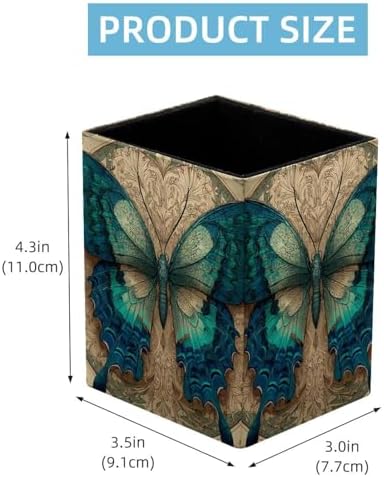 Art Butterfly Pen Holder for Desk Decor, Rectangular PVC Leather Pencil Cup for Desk Pen Organizer, Makeup Brush Holder for School, Home, Office