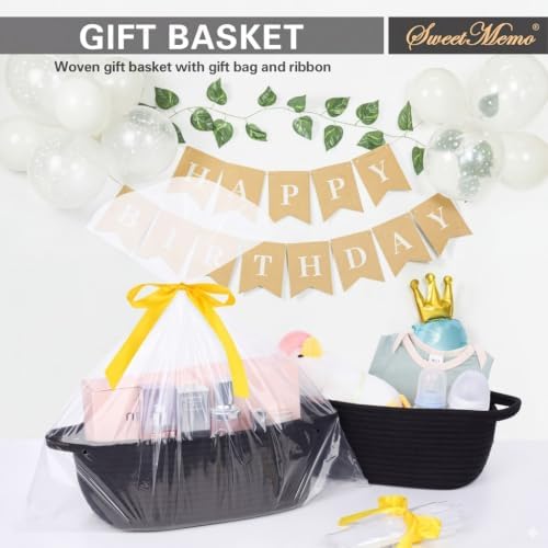 Gift Basket Empty with Handles, 12x8x5 inch - Small Woven Rope Basket for Man, Techer, Boys, Kids Toys, Bathroom - With Gift Bag & Ribbon, Perfect for Wedding, Birthday Gifting (Black, 1PC)