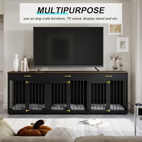 Dog Crate Furniture - Indoor Wooden Dog Kennel Crate Furniture with 2 Dividers, 3 Drawers, and 3 Lockable Doors - 95"x23.6"x31.5"H, Black