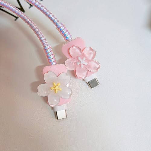 Flower Cable Protector for iPhone Charger Protector Cute 3D Cherry Blossoms Design,Floral iPad Charger Cover,Charger Cord Protector for Women Girl,DIY Phone Cord Protector for iPhone 15 16 17 Pro Max