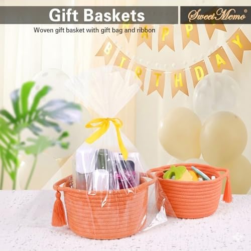 Small Gift Basket Empty to Fill with Gifts Bag & Ribbon, Orange | Cute Decorative Mini Woven Rope Basket with Handles for Gifting; Reusable for Bathroom Counter or Desk Catchall, 8 x 4.7 in
