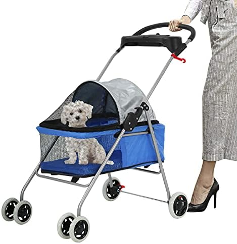 Meet Perfect Pet Stroller for Small/Medium Dogs & Cats, Blue, Foldable | Waterproof fabric helps protect pets during outdoor travel; Mesh panels provide ventilation and visibility.