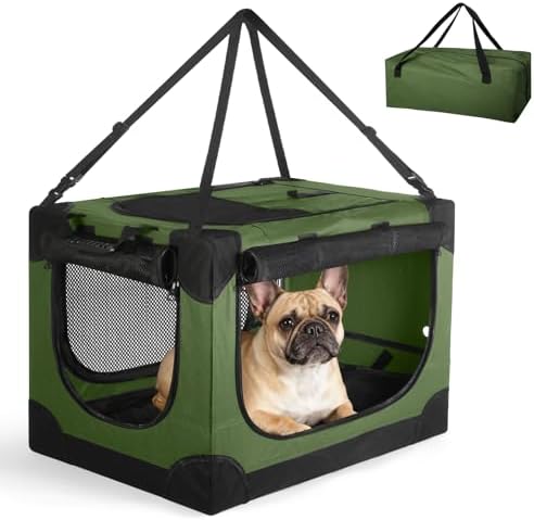 24 Inch Collapsible Soft Dog Crate for Small Dogs, Travel Dog Crate Green | Portable Dog Crate Soft Sided, 4-sided Mesh Vents, Foldable with Storage Bag, Fit Small Dogs & Large Cats, Indoor/Outdoor