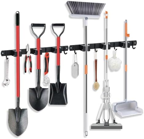 2 Pack Broom Hanger and Mop Holder, Heavy Duty Garden Tool Organizer Rack Rake and Shovel Handle, Stainless Steel Wall Mounted Utility Rack with Screws (3 Racks with 4 Hooks, Matte Black).