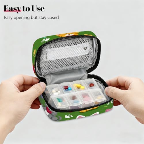 Weekly Pill Organizer Travel Size Bag with Removable 7 Day Pill Box Portable Vitamin Case Purse with Zipper,Pets Hearts Love Pattern