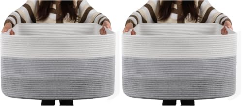 OIAHOMY Large Blanket Basket, 22”x17”x12” Rectangle Woven Baskets, Nursery Blanket Storage Living Room, Toy Storage With Handle, Large Baskets for Organizing-Gradient Grey (Pack of 2)