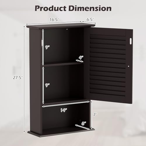 Tangkula Medicine Cabinet, Wall Mounted Bathroom Cabinet Single Door Wooden Bathroom Wall Cabinet with Adjustable Shelf (Brown)