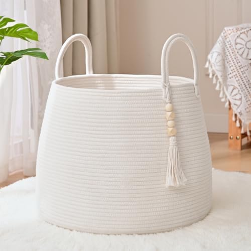 Large Nursery Hamper, 30L Blanket Basket with Handle, Baby Laundry Basket for Gift, Toy, Clothes, Woven Storage Basket with Wooden Bead Decor, Baby Hamper for Nursery (Black&Brown)