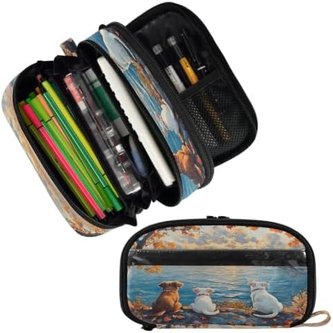 SUABO Pet Dogs Sunset Painting Pencil Case Large Pen Box Holder | Large Capacity Pencil Pouch Stationery Bag with Compartments, Transparent PVC Layer, School Office Supplies for Kids Adults