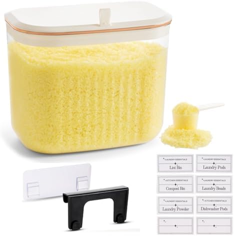 Laundry Room Organization and Storage Container - Wall & Cabinet Hanging - 7L / 236oz Large Capacity - Clear Container for Laundry Pods, Detergent Powder, Beads & Dryer Balls with Scoop & Labels