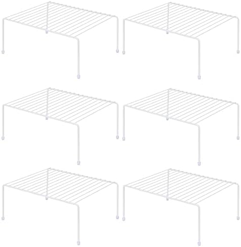 Set of 6 - Kitchen Storage Shelf Rack (13.1 x 10.2 Inch)/Plastic Feet - Medium - Steel Metal - Rust Resistant Finish - Cups, Dishes, Cabinet & Pantry Organization - Kitchen (White)