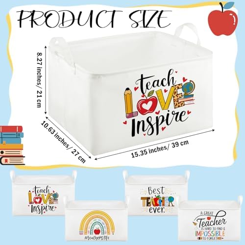 Breling 4 Pcs Teacher Appreciation Gift Basket Empty Best Teacher Ever Storage Baskets with Handle Large Collapsible Storage Bins Box for Back to School Book Office, 15 x 10 x 8 inch