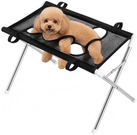 Foldable Pet Bathing Stand, Pet Grooming Hammock with Quick-Dry Mesh, 8-Hole Design, Metal Frame & Securing Strap for Small Dogs Cats Washing, Nail Trimming, Brushing (Black)