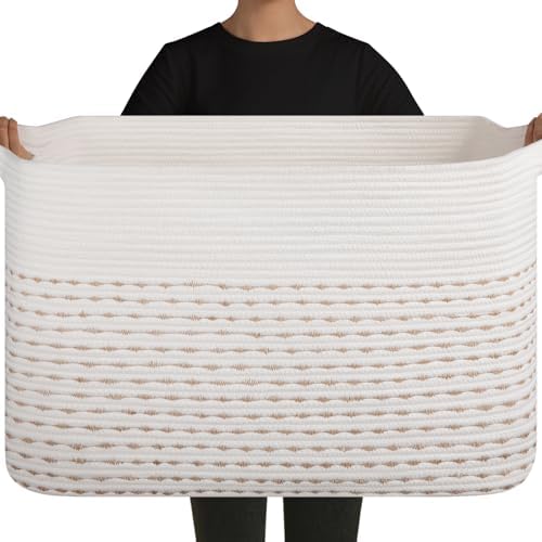 OIAHOMY 108L Extra Large Blanket Basket, 25”x16”x16” Rectangle Woven Cotton Rope Baskets for Living Room, Toy Storage with Handle- Light Yellow & White