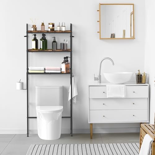Over the Toilet Storage Cabinet Bathroom Storage Above Toilet | Over the Toilet Shelf, with Paper Holder and 4 Hooks, with Metal Frame, Space-Saving, Large Capacity Storage, Brown