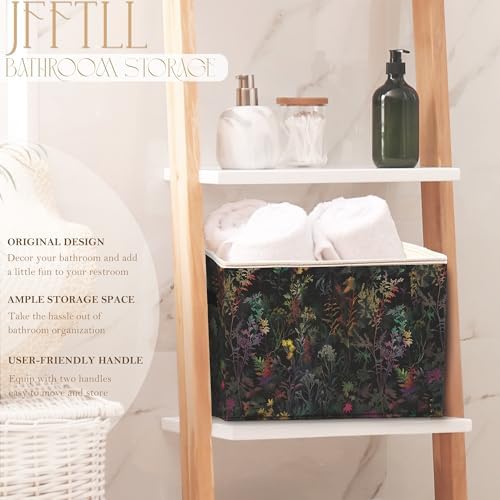 Dark Botanical Floral Storage Bins with Handles, Cottagecore Colorful Wild Flower Leaf Collapsible Laundry Basket Storage Box for Home Bedroom Bathroom Clothes Toys Books