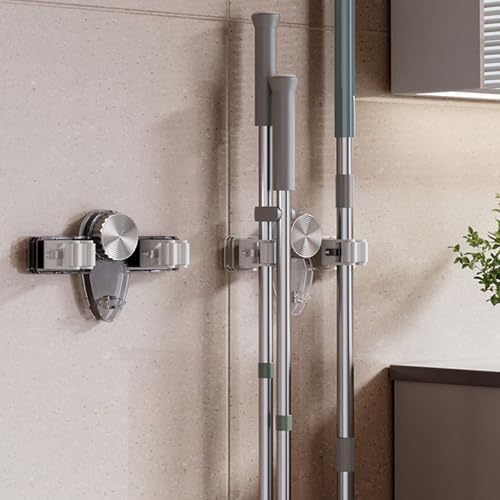 Wall Mount Broom Holder, Powerful Suction Cup Organizer with Two Hangers, Sturdy PET Construction for Bathroom, Kitchen, Laundry Room (Clear Grey)
