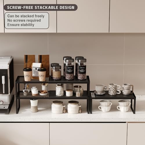 Magheo Expandable Cabinet Shelf Organizer, 1 Pack Stackable Kitchen Counter Shelf Riser, Metal Spice Rack Heavy Duty Countertop Organizer Storage for Kitchen, Pantry, Cupboard, Rv (5.9in Height,Black)