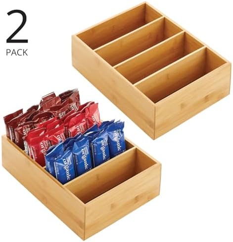 mDesign Bamboo Wood Food Storage Organizer Box, 4 Section, Divided Compartment Bin; Container for Kitchen, Pantry; Holder for Spices, Snacks, Tea, Coffee Cup - Echo Collection - 2 Pack - Natural