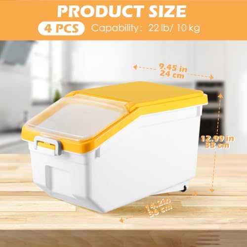 Sunnyray 4 Pcs Rice Storage Containers Bulk Flour Sugar Container Wheels Measuring Cups Set Airtight Pet Dog Cat Birds Food Bin Grain Cereal Organizer Box for Dry Baking(Yellow,22 lb)