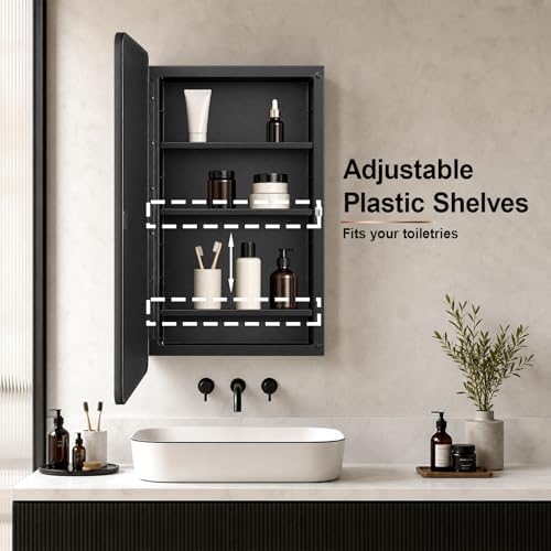 Plastic Black Medicine Cabinet 16x28 Beveled Mirror, Recessed/Surface Mount | Black Round-Corner Metal-Framed Beveled Mirror Door with Reversible Opening; Pre-Assembled for Recessed Or Surface Mounting