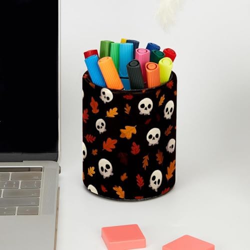Faux Leather Pen Holder for Desk, Pencil Organizer Skull Pen Cup Desk Decor Makeup Brush Holder Storage for Office Home