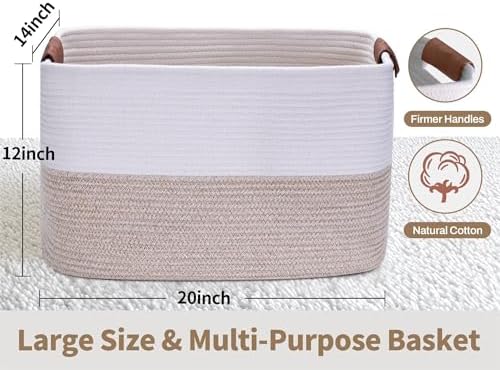 Large Cotton Rope Storage Basket with Leather Handles, Laundry Hamper Basket, 20 "L x 14" W x 12 "H, Durable & Stylish Organizer for Home.(Large Light Khaki)