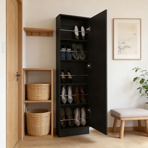 Shoe Cabinet with Mirror Modern Black Mirrored Shoe Storage Cabinet 67" Tall 5-Tier Shelves Narrow Shoe Storage Cabinet for Entryway Space Saving Furniture (Floor-Standing, Black)