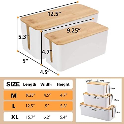 Cable Management Organizer Box, 2 Pack Large Storage Bamboo Lid Wires Concealer Holder for Office Desk, Home, Kitchen, TV, Computer, Cover Hide Tidy Surge Protector Power Strips & Cords (White)