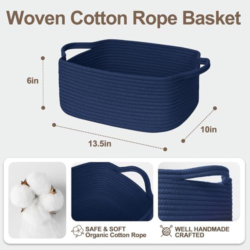 Cute Blue Woven Basket, Empty Gift Basket for Christmas, Thanksgiving, Easter, Birthday, Cotton Rope Storage Bin with Handle for Gift, Dog Toy Box, Baby Nursery Organizer, Dark Blue Decor