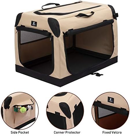 X-ZONE PET 3-Door Portable Soft-Sided Folding Soft Dog Travel Crate Collapsible Pet Kennel,Medium, Tan, 28 x 20 x 20 Inches