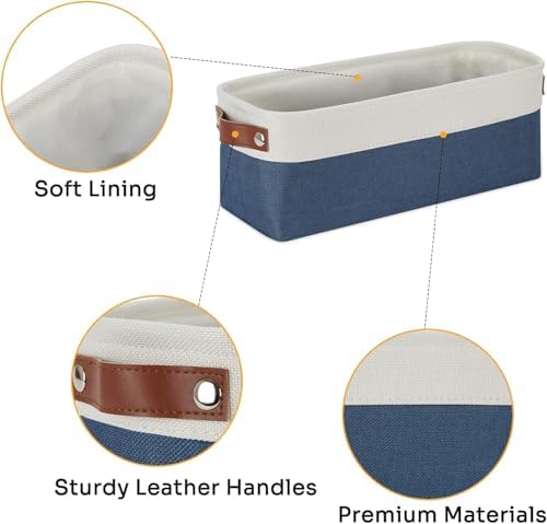 DULLEMELO Narrow Storage Basket,Toilet Paper Basket with Leather Handles for Back of Toilet, Vanities, Shelves & Cabinets (White&Blue-1 Pack)