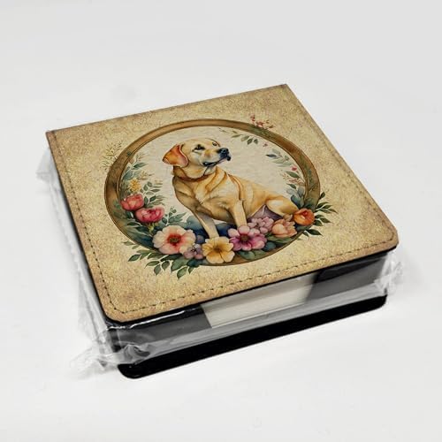 Caroline's Treasures Yellow Labrador Retriever and Flowers PU Leather Note Paper Holder with Artist-Designed Cover, Desk Accessory, Office Gift