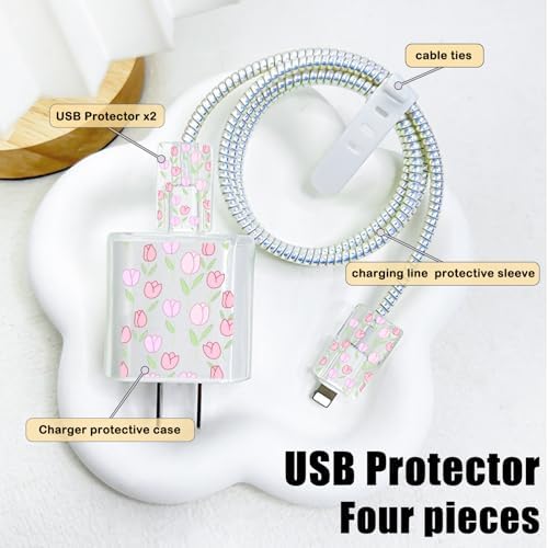 Cute DIY Cable Protector for iPhone 18W/20W Adapter Charger with Pretty Pink Tulips Design, Soft TPU Clear Cord Wire Saver Data Line Cable Case Charger Protector for iPhone 11 12 13 14 15 Pro Max