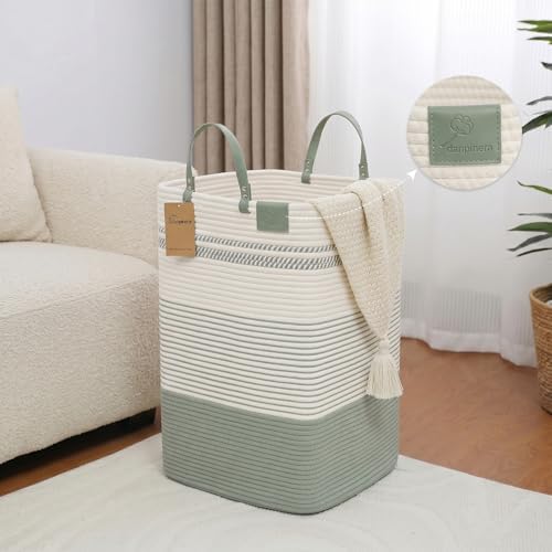 danpinera 100L Nursery Hamper, Tall Woven Laundry Basket with Long Leather Handles, Boho Laundry Hamper for Living Room, Eco-friendly & Convenient Decorative Storage Basket, White & Light Green