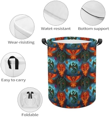 Collapsible Laundry Hamper with Handles Flame Dragon Phoenix Western Myth, Large Waterproof Clothes Basket for Bedroom, Bathroom, and Toy Storage Organization