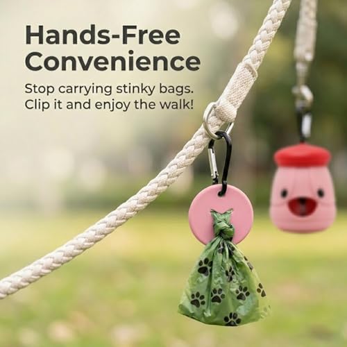 Dog Poop Bag Holder with Hands-Free Used Bag Clip & 1 Roll Bags | Cute silicone design with leash attachment and hands-free clip, making dog walking cleaner and more convenient outdoors