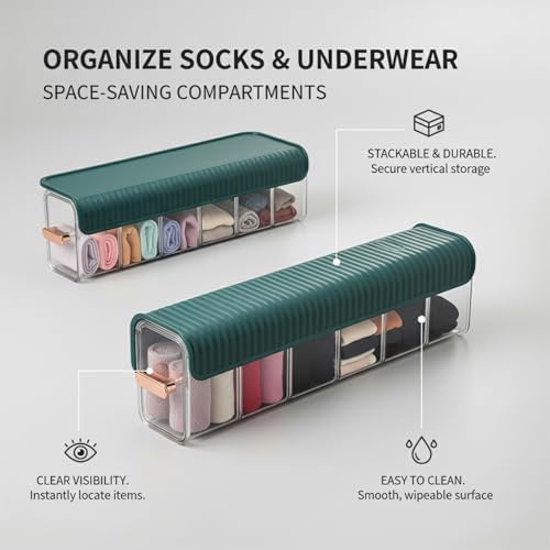 Clear PET Plastic Storage Box with Dividers, Stackable Organizer for Socks & Underwear, Drawer Bin (1 Pack)